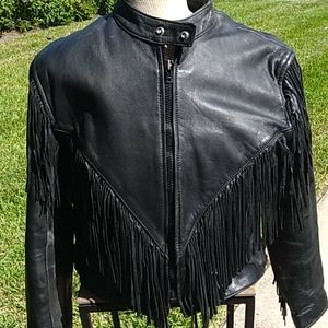Black Fringe Leather Jacket — Women's Moto Style